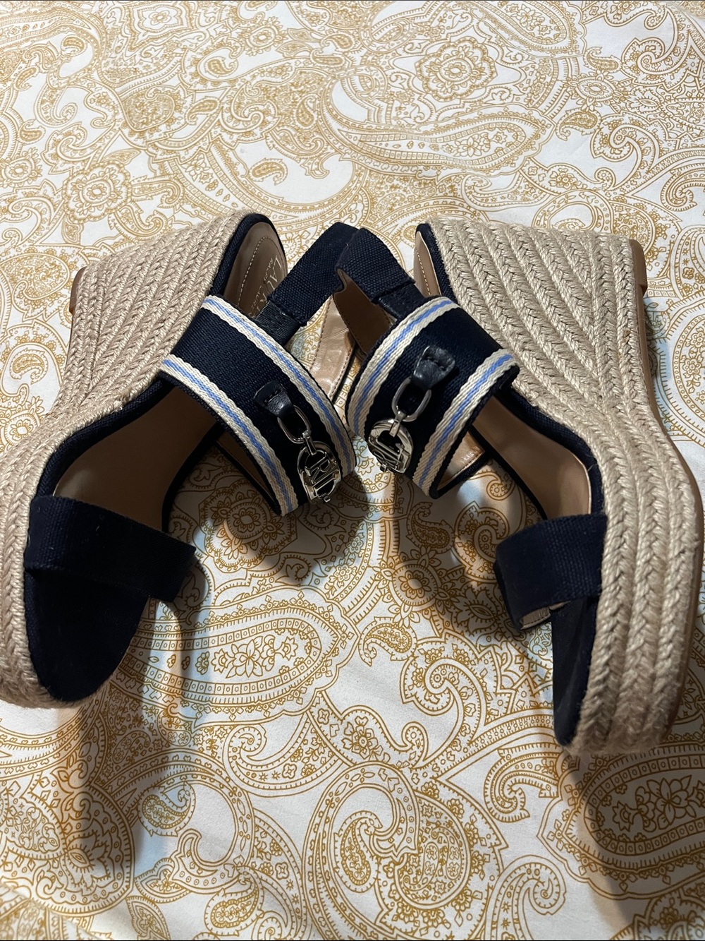 Lauren Ralph Lauren Navy Espadrille Wedge Sandals with Silver Logo Trim - Picture 8 of 9